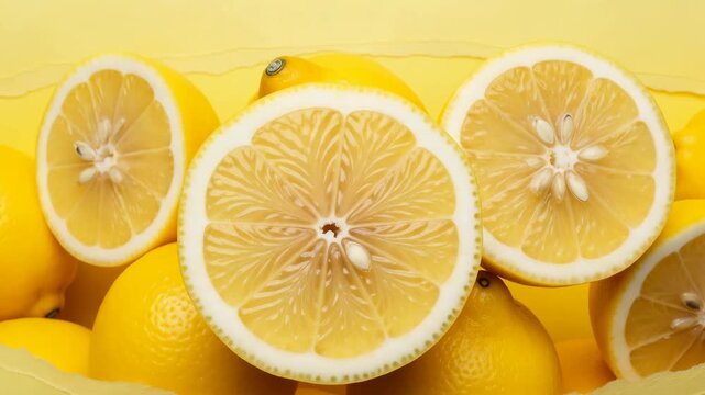 Fresh lemons revealed through a torn yellow paper strip a close up transition from whole fruit to sliced halves and exposed seeds