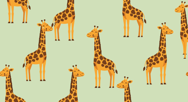 Fun safari seamless pattern featuring friendly cartoon giraffes with brown spots and long necks on a light pastel green background for children.