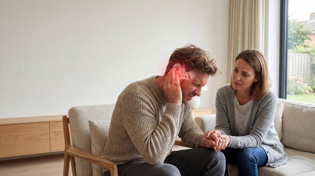 Man suffering from earache supported by woman on sofa. Concept of health problem, chronic ear pain and inner ear infection treatment. Couple at home during medical consultation session.