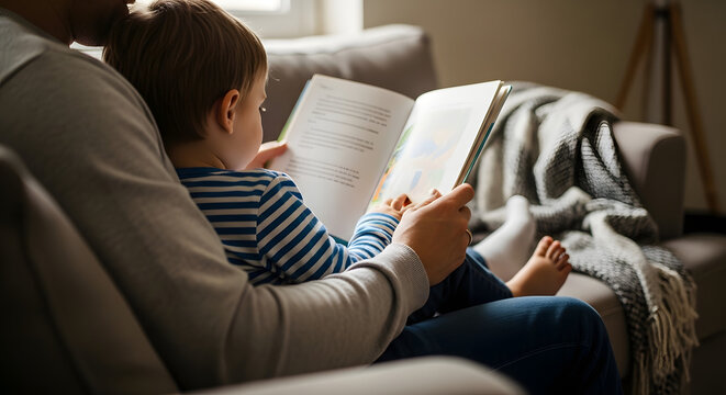 Celebrating Global Day of Parents with a tender moment of a parent reading to their child on a cozy couch at home with soft night lighting.