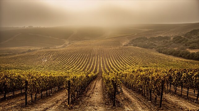 Autumn dawn vineyard with rows of trellises disappearing into morning mist, cool light for vast calm background