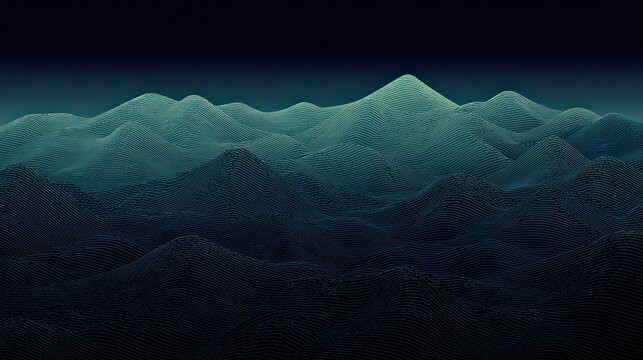 Stylized digital topography displays undulating peaks under a dark horizon