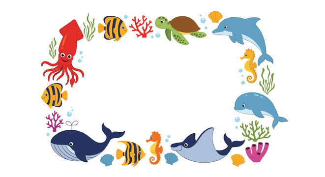 Colorful underwater sea life frame with whale, dolphin, shark, turtle, and other marine animals isolated on white background.