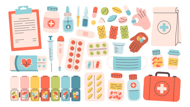 Medical supplies and pills set. First aid and treatment products. Flat vector illustration