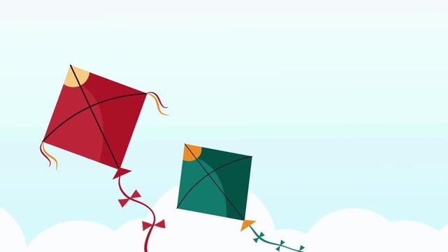Animated red and green kites flying in a clear blue sky