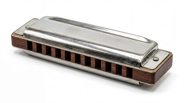 Silver metal and dark brown wood harmonica with wooden blowholes isolated on white background