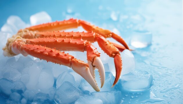 Fresh king crab legs on ice cubes with a blue background.