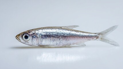 Naklejka premium Single tiny whole fresh whitebait sprat fish with silver translucent scales and large eye on clean white background. AI generated image