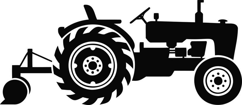 Tractor with large rear wheel and attached cultivator or plow on transparent background