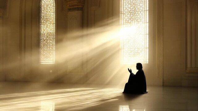 A faithful person engages in profound spiritual devotion, kneeling in a radiant sacred building filled with striking bright sunbeams