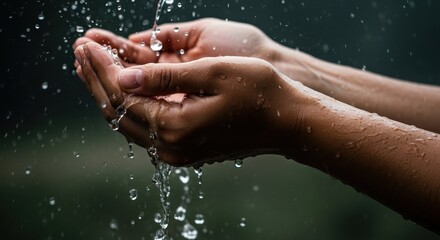 Fototapeta premium Tanned hands catching raindrops in palms, dynamic splashes, stormy lighting, rainy forest background.