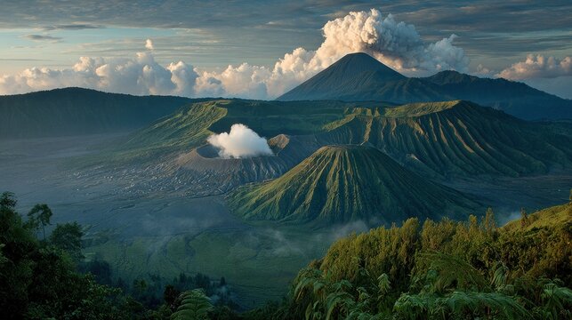 Multiple conical mountains dominate a vast caldera landscape under a dramatic sky