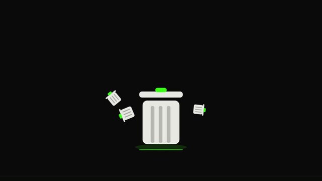 Animated Illustration of Trash Bins Falling into a Recycling Bin with Dynamic Motion