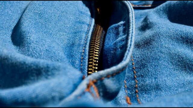 Close-up of a jeans zipper, revealing refined details and the quality of craftsmanship. Detalhe do z&iacute;per de cal&ccedil;a jeans, capturando a ess&ecirc;ncia da moda casual e urbana.