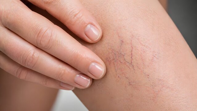 Close up of spider veins on female leg highlighting cosmetic dermatology and vein treatment concerns