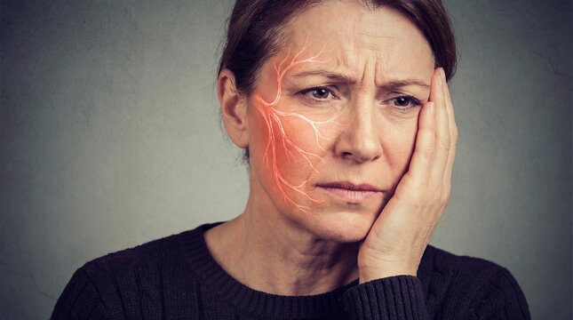 Woman touching cheek with visible nerve inflammation red highlighted. Concept of facial pain, trigeminal neuralgia or toothache. Medical diagnostic and health treatment awareness.