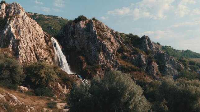 Tall waterfall cascades down rugged, sunlit mountain slope surrounded by lush greenery