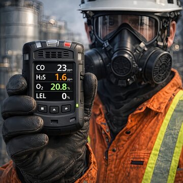 Industrial Worker Holding Gas Detector Showing CO H2S Oxygen LEL Readings