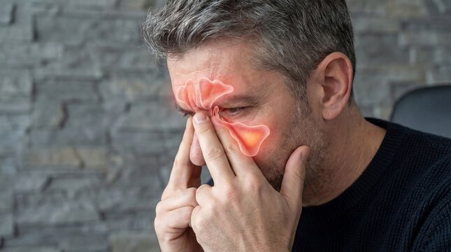 Man suffering from sinus pain and nasal congestion. Adult touching bridge of nose during head pressure. Medical visualization of sinusitis inflammation. Healthcare and health condition concept.