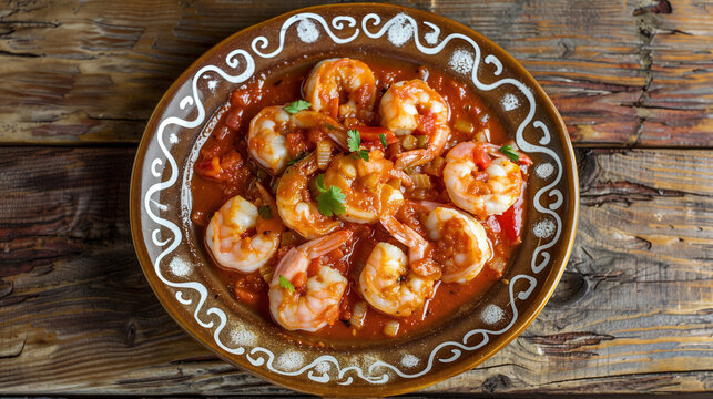 Overhead shot of a rustic ceramic plate filled with juicy shrimp simmering in a spicy tomato sauce garnished with fresh parsley on a weathered wooden table.