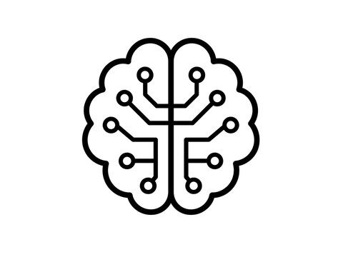 Artificial intelligence brain icon with digital circuit board lines symbolizing neural networks and technology, computer