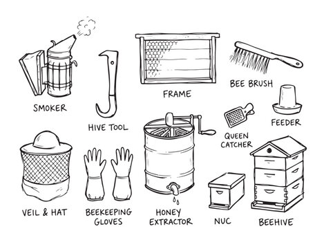 beekeeping tools doodle set