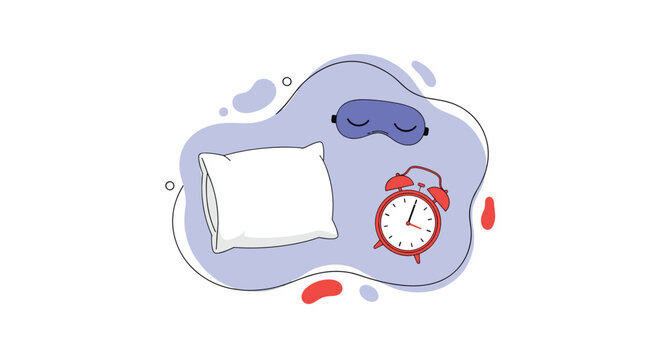 Bedtime essentials including a soft white pillow, a blue sleep mask, and a red retro alarm clock on an abstract purple shape.