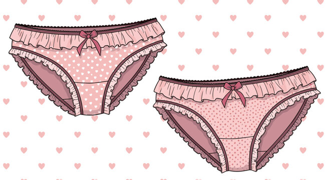 Pair of feminine pink lingerie panties with delicate frills, bows, and white heart patterns displayed over a matching heart background.