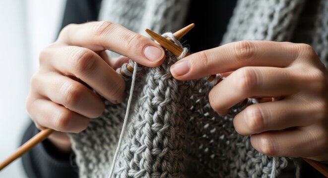 Close-up photograph of hands knitting a gray scarf with wooden needles and yarn, detailed fingers, textured fabric, indoors, daylight, knitting action, hands