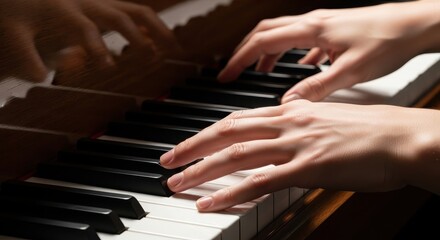Obraz premium A person's hands are playing black and white keys on a piano indoors