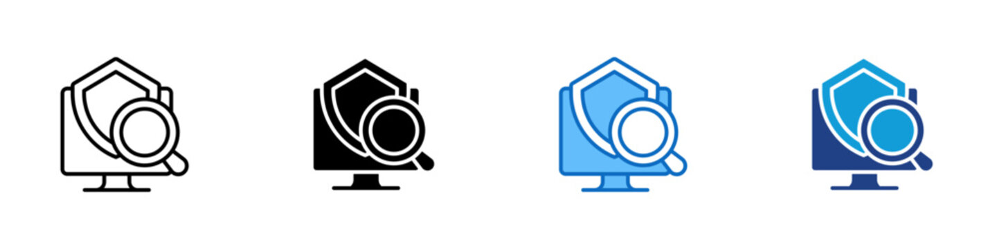 Security Vulnerability Scan Multiple Style Icon Design Vector - Shield with magnifying glass on monitor representing cybersecurity audit, vulnerability scanning, threat detection and protected systems
