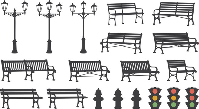 Collection of black silhouette park ornate lampposts, park benches, fire hydrants, and traffic lights