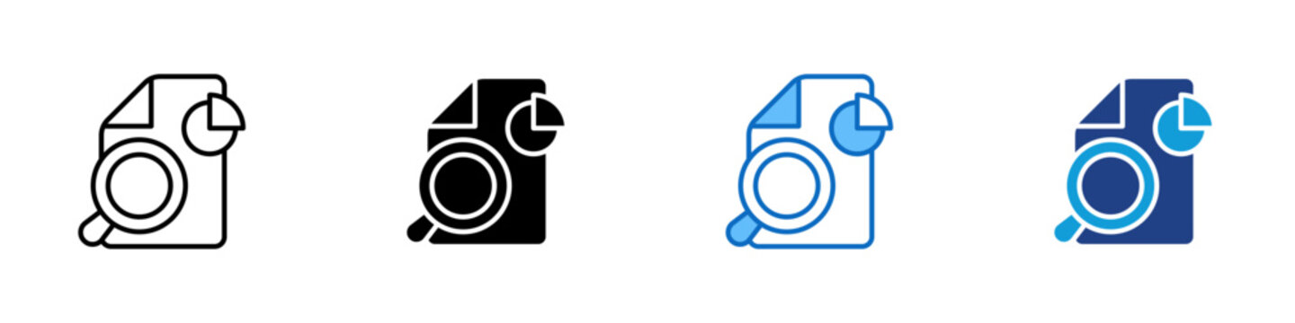 Report Data Analysis Multiple Style Icon Design Vector - Document with magnifying glass representing business report analysis, financial data investigation, and statistical document review
