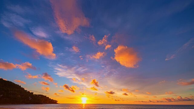 Sunset over sea Time lapse video 4K. Nature video High quality footage.

Scene of Colorful romantic sky sunset with Changing the color of the sky background. 

time lapse day to night in nature and tr