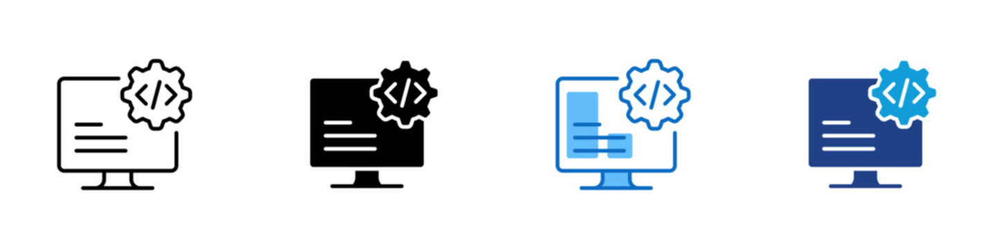 Web Content Management Multiple Style Icon Design Vector - Monitor displaying document lines beside a gear representing CMS configuration, backend content editing, and web application management