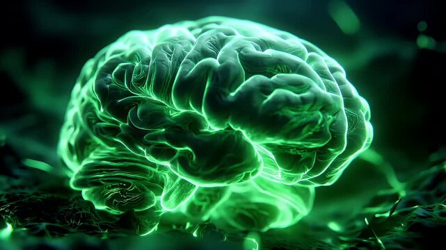 Artificial intelligence. Neuron network. A vivid, 3D rendering of a human brain rendered in a neon green hue. The brain is intricately detailed.