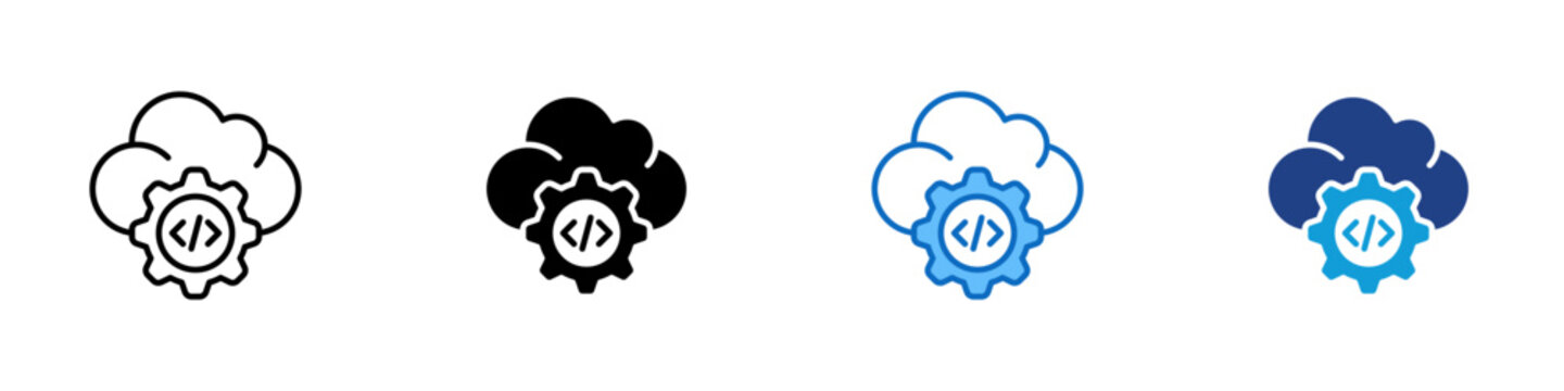 Cloud Dev Configuration Multiple Style Icon Design Vector - Cloud with gear representing cloud development configuration, DevOps backend engineering, and remote infrastructure code management
