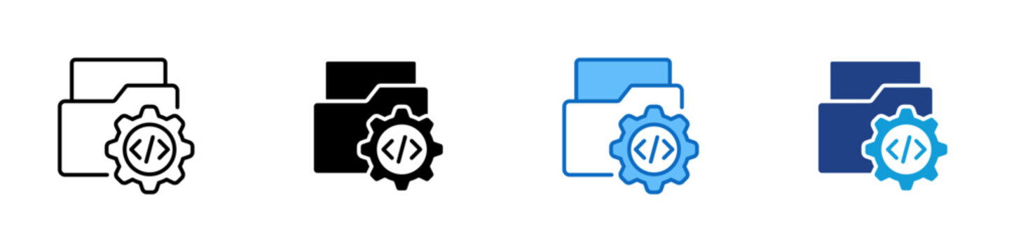 Code Repository Folder Multiple Style Icon Design Vector - Folder containing a gear representing code repository management, project file configuration, and source code storage organization