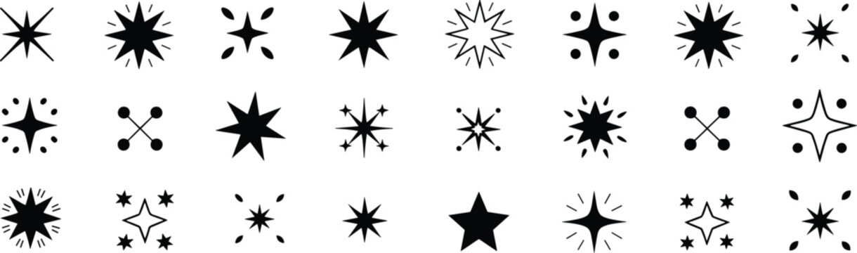 Collection of black starburst and sparkle on white background, symbol