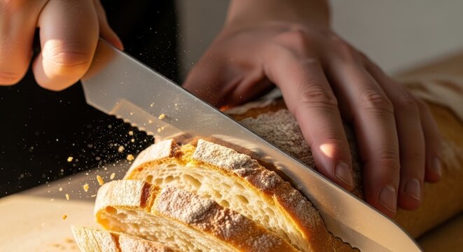 Hands slicing crusty bread loaf with serrated knife on cutting board, crumbs fall.