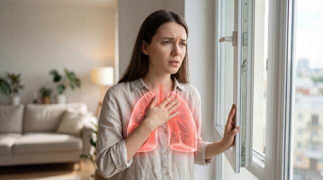 Woman feeling chest pain and breathing difficulty standing by window. Visualization of lungs for medical health concept. Diagnosis of respiratory disease, asthma or pneumonia symptom.