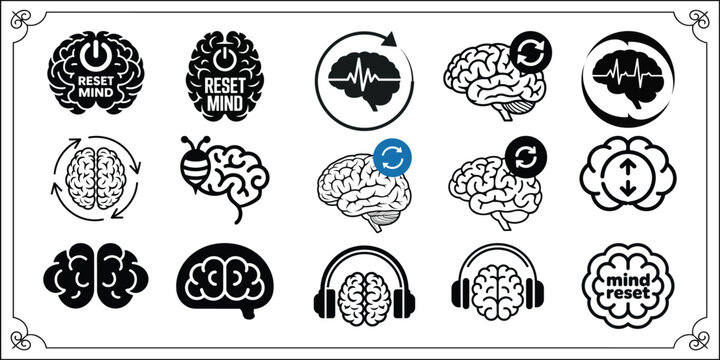 Brain icons with reset symbols and headphones illustrating mental refresh cognitive process and audio learning