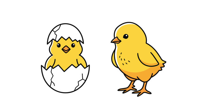 Two cute yellow baby chicks with one newly hatched from a white eggshell in a charming spring and easter themed illustration.
