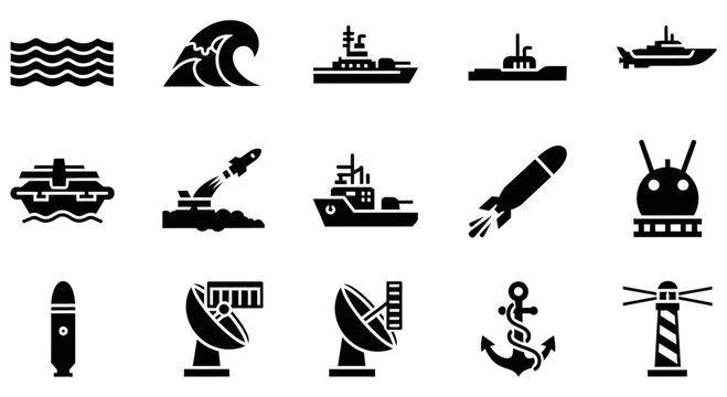 Vector graphic illustration featuring various naval and marine icons