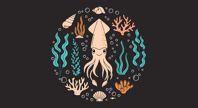 Cute cartoon squid surrounded by coral, seaweed, and seashells in a circular marine life composition for ocean themed design.