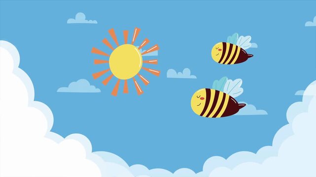 Cute Cartoon Bees Flying in Sunny Blue Sky with Clouds