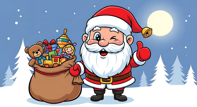 A jolly cartoon Santa Claus winks and gives a thumbs-up gesture while standing next to a large sack overflowing with toys and gifts on a snowy night.