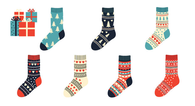 Collection of seven pairs of festive christmas socks with various patterns and a stack of gift boxes for winter holiday shopping themes.