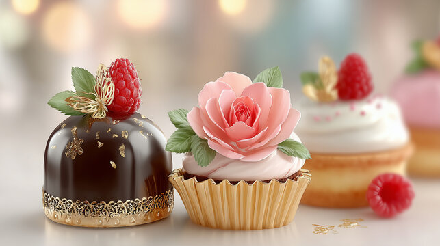 Gourmet Patisserie Masterpieces: Elegant Chocolate Petit Four with Gold Leaf and Rose Frosted Cupcake for a Luxury Celebration or Wedding Dessert Table.