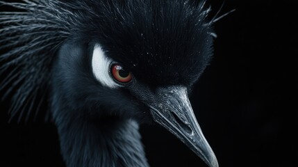 Obraz premium Close-up black crane portrait against black background. Possible stock photo use nature, wildlife